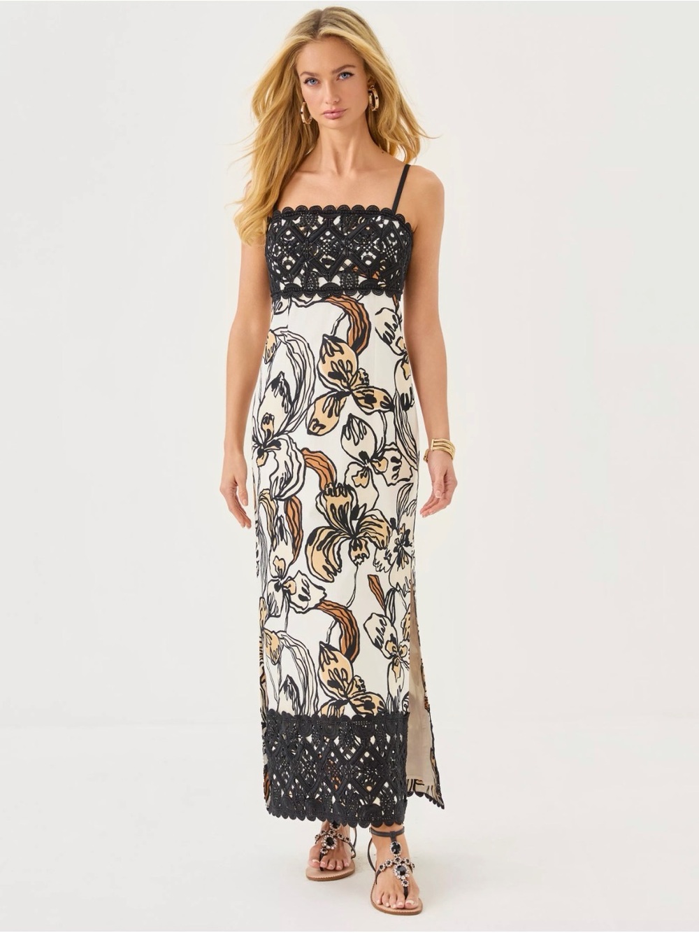 Lilly Pulitzer Black & Cream Floral Crochet-Trim Maxi Dress